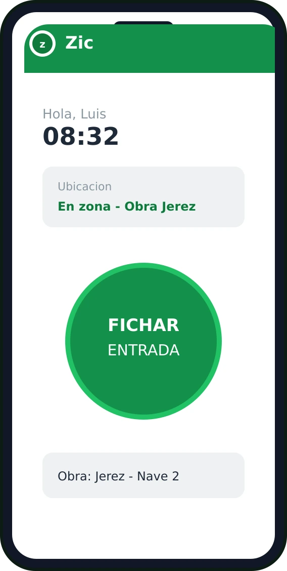 App Zic: pantalla de fichar